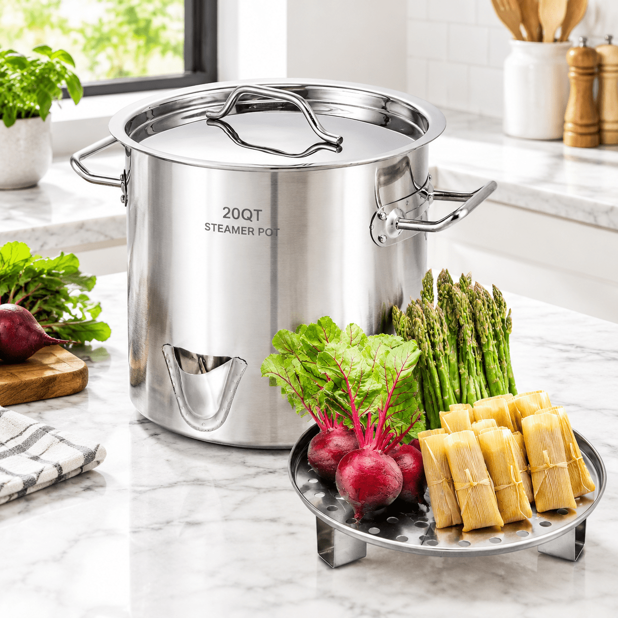 20QT Stainless Steel Steamer Pot with Easy-Fill Water Spout for Tamales ...