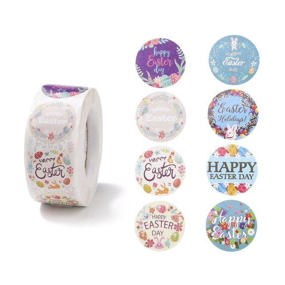 20Roll 8 Patterns Easter Theme Self Adhesive Paper Sticker Rolls with Rabbit Pattern Gift Tag Stickers Mixed Color Word 25x0.1mm 500pcs/roll