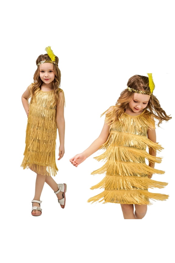 20S Flapper Dresses For Girls Salsa Latin Dance Dress 1920S Gatsby Tassel Fringe Flapper Dress + Headband Dancewear Yellow 7-9 Y