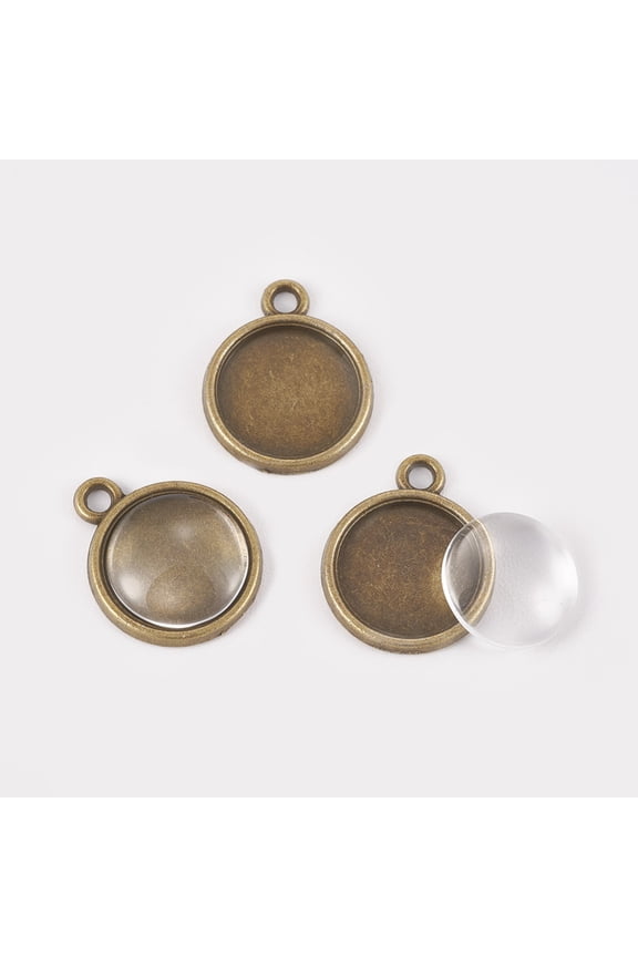 20Set DIY Pendant Making with Alloy Pendant Cabochon Settings and Clear Glass Cabochons Flat Cabochon Setting: 18x15x2mm Hole: 1mm Tray: 12mm