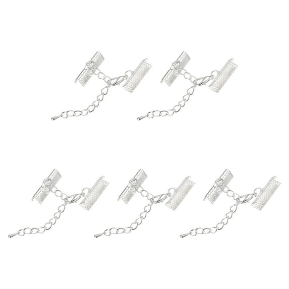 20Sets Ribbon Crimp Clamp Ends with Lobster Claw Clasps & Chain 20mm Silver White