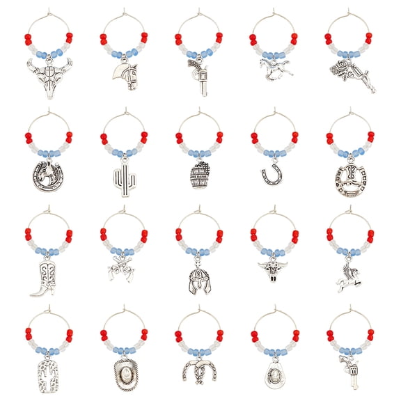 20Sets Texas Cowboy Alloy Wine Glass Charms Cowboy Boots Hat Cattle Head Pendnat with Glass Beads Markers Tags Identification