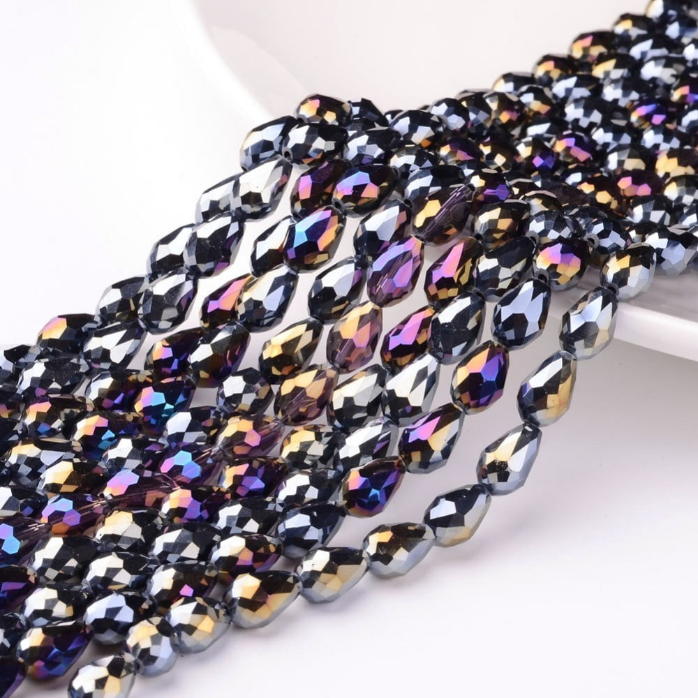 20Strand Electroplate Glass Beads Strands AB Color Plated Faceted Teardrop Black 12x8mm 58pcs/strand 26.5 inch