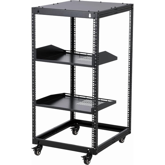 20U Open Frame Server Rack, 23 in -40 in Adjustable Depth, Wall Mount & Free Standing Network Rack with 4 Lockable Casters & 2Pcs 1U Server Rack Shelf, Holds All Your IT/AV Equipment Rack