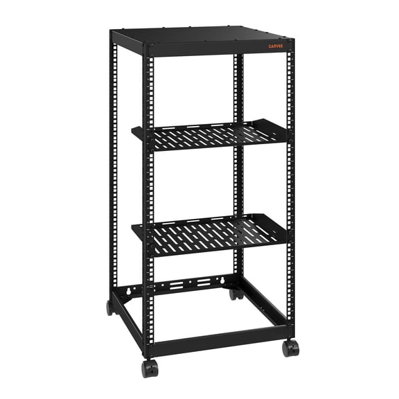 20U Open Frame Server Rack, 4-Post Network Rack with Adjustable Vented Shelf, Heavy Duty Wall Mount or Floor Standing IT Equipment Rack for Servers, Switches & AV Gear, 1000 lbs Capacity