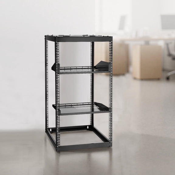 20U Server Rack, Open Frame Design, 23" Depth, Heavy Duty 4-Post, Wall Mount and Floor Standing, Includes Vented Shelves for IT and AV Equipment