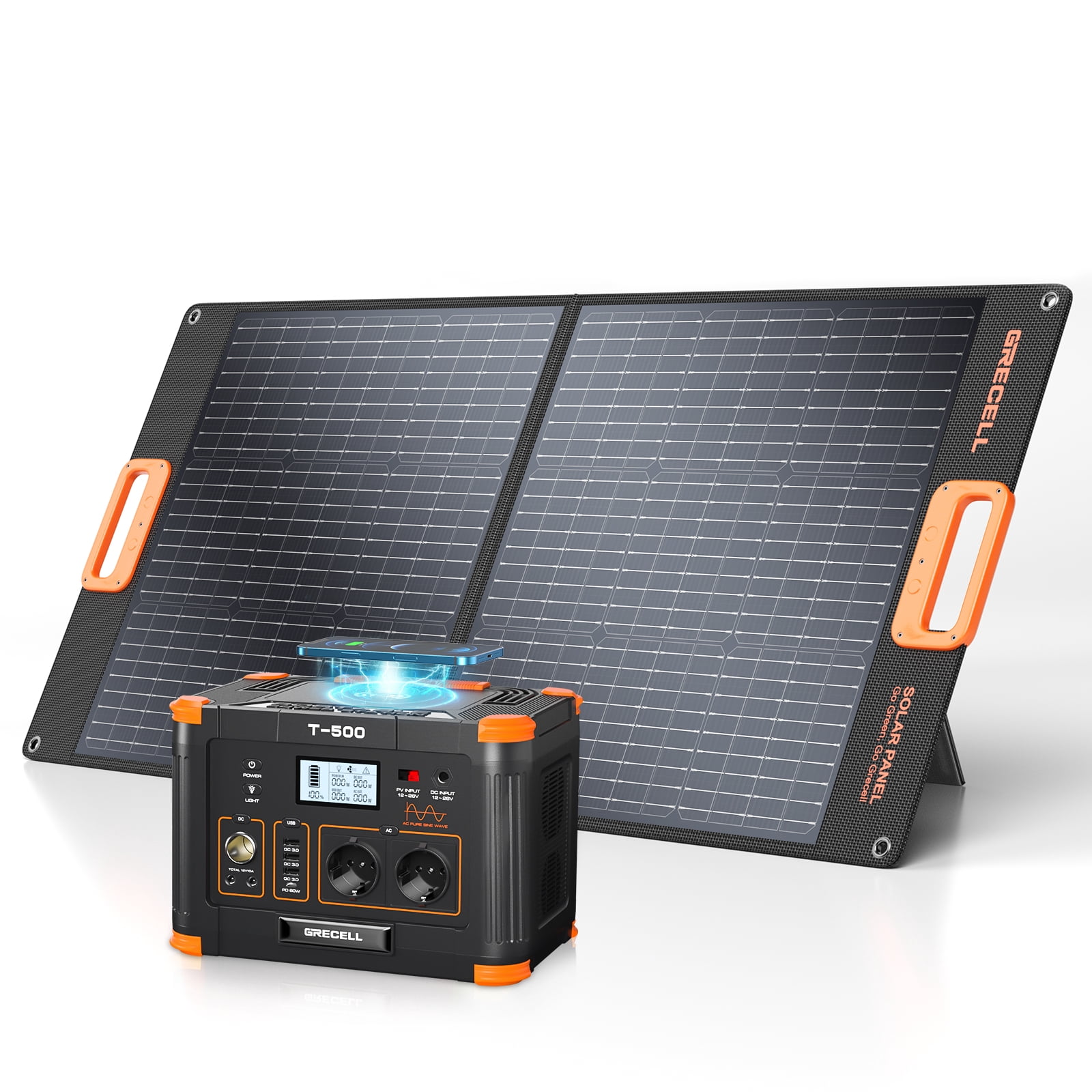 100W Foldable Solar Panel + Power Station 500W Portable Generator Lithium Battery Backup with Wireless Power Bank for Outdoor Home Emergency