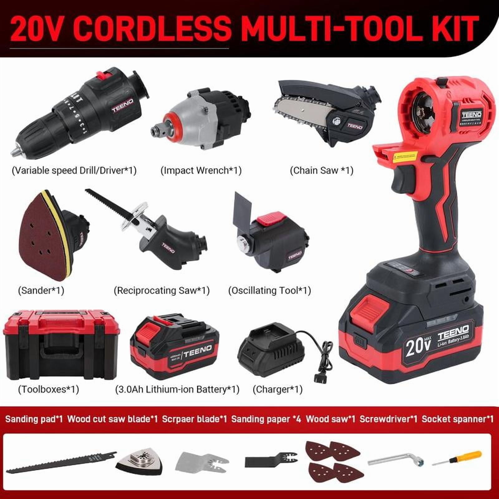 20V 8-in-1 Cordless Combo Kit with Case: Drill, Recip Saw, Chain