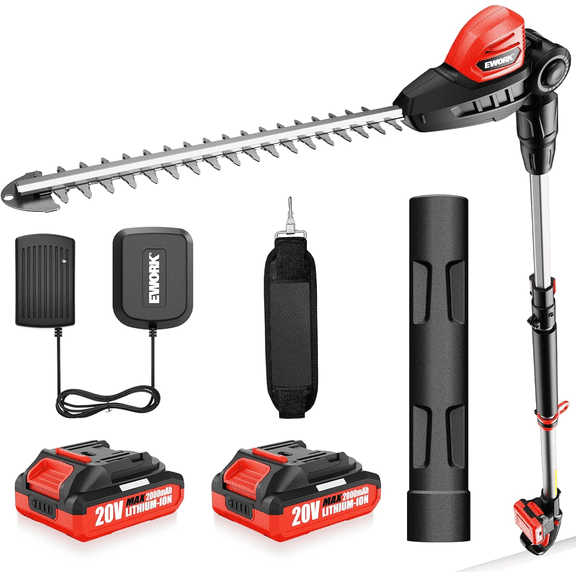 EWORK 20V Cordless Pole Hedge Trimmer with 2 Batteries and Charger, 18-Inch Blade Pole Trimmer, 6.3Ft-8.6Ft Extended Reach, 11-Angle Pivoting Head, Lightweight 6 LBS Battery Powered Bush Shrub Cutter