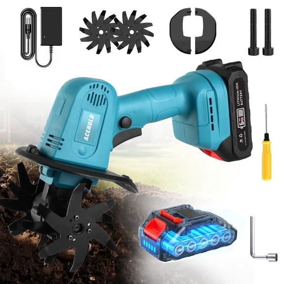 20V Blue Single Battery Cordless Electric Tiller, 9 Inch Tilling Width 6.6 Inch Working Depth, Lightweight Handheld Rototiller Cultivator, Practical Garden Tool for Yard Lawn Sowing and Tilling