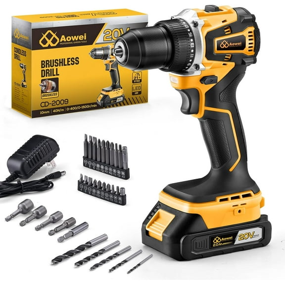 20V Brushless Cordless Drill/Driver, Compact Power Drill Set, Yellow Rechargeable Lithium-Ion Kit, including 2.0Ah Battery, Charger and 3/8-inch Keyless Chuck