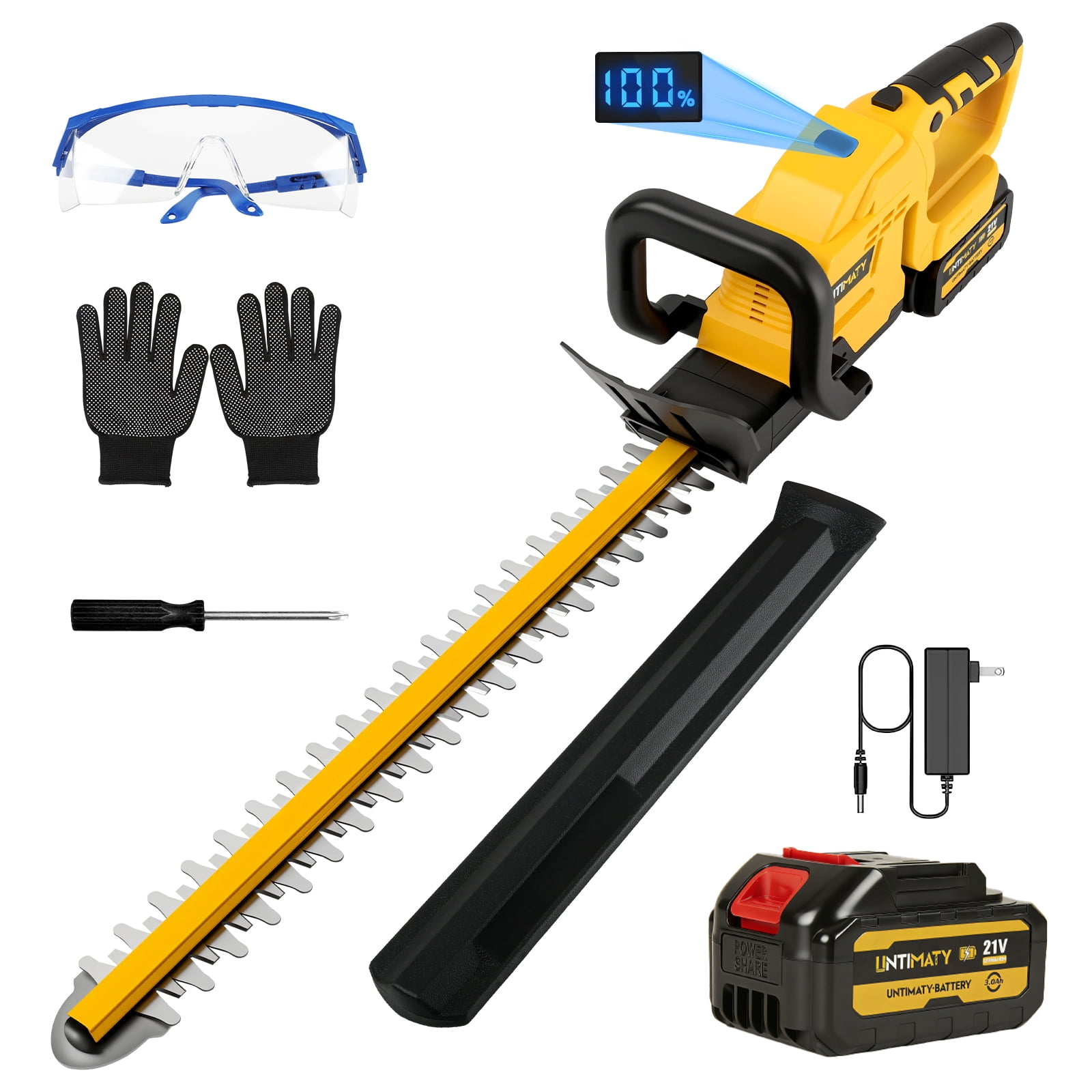 Hedge Trimmer Cordless,UNTIMATY 21V Electric Bush Trimmer with Rotatable Handle,Brushless Motor Trimmers Battery Powered, for Shrub Cutting,Trimming,Yellow