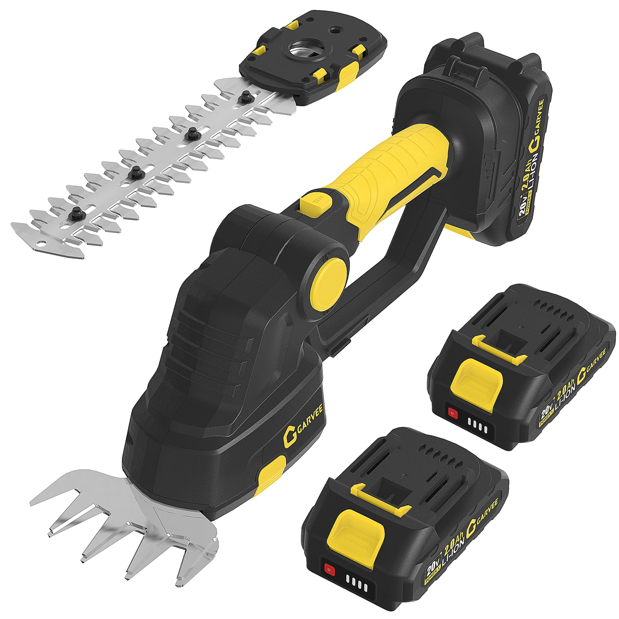20V Cordless 2-in-1 Grass Shear Shrub Trimmer, Handheld Electric Hedge Cutter with 2 Batteries & Type-C Charging Base for Lawn & Garden Care - Yellow