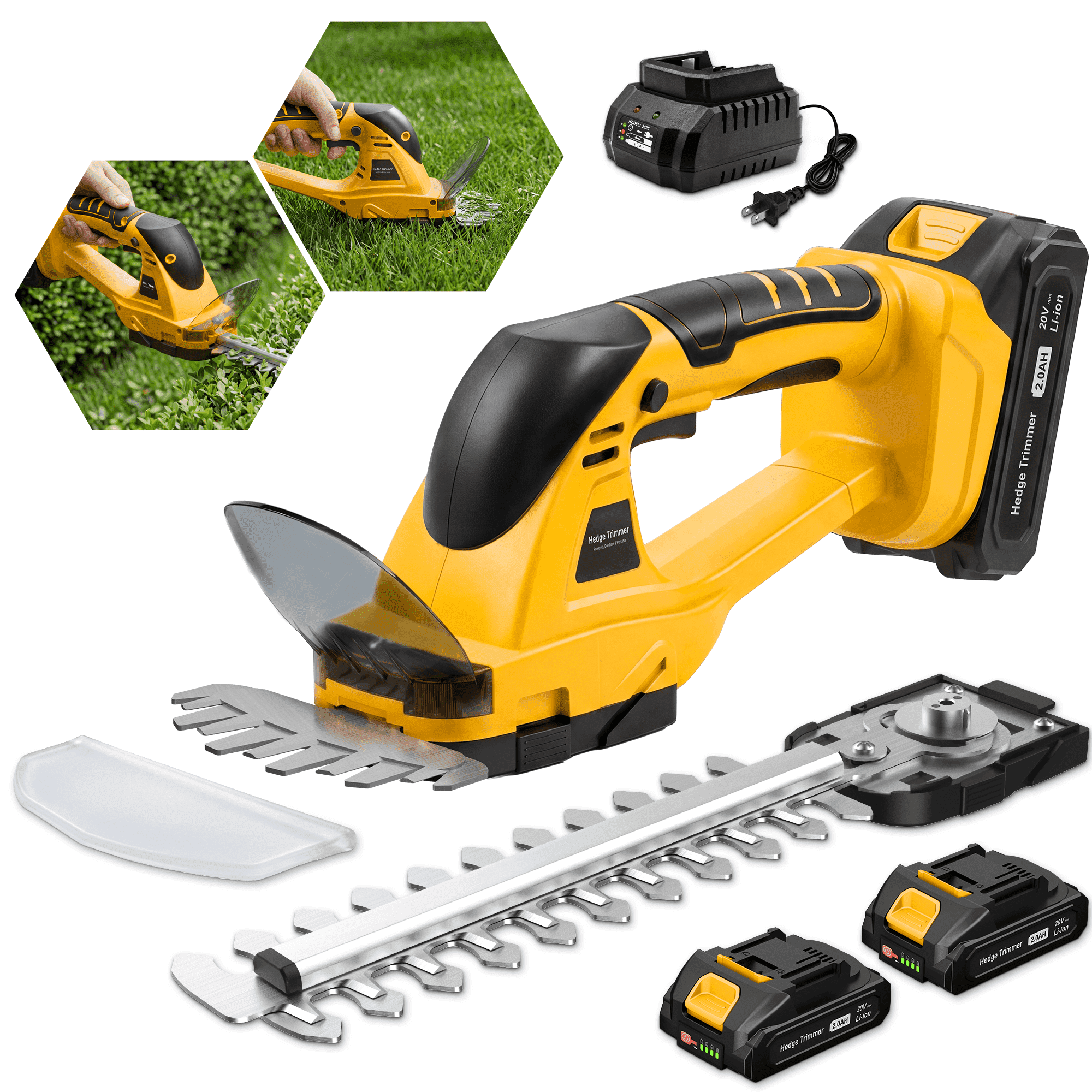 20V Cordless 2-in-1 Hedge Trimmer and Grass Cutter, Handheld Electric Bush Trimmer with 2×2.0Ah Batteries and Fast Charger for Garden, Lawn and Yard