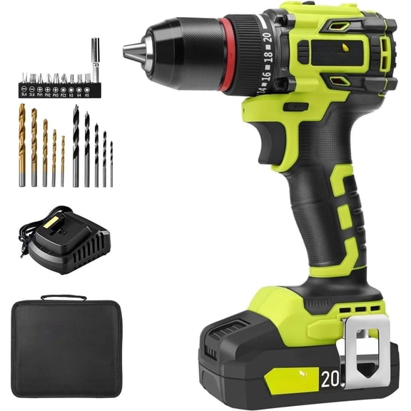 20V Cordless Brushless Drill Driver, 1/2" Compact Power Drill Set with 500 in-lbs Torque, 20+1 Clutch & 2 Variable Speeds, , 2.0Ah & , Tool Kit for & DIY