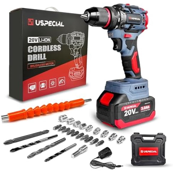 20V Cordless Brushless Power Drill Set, 443 in-lbs, 3/8-Inch Chuck Electric Drill-Driver, 22 Torque Setting, 2 Variable Speed, Hammer Drill with 3.0Ah Battery Kit for Drilling Brick Wall,Metal,Wood