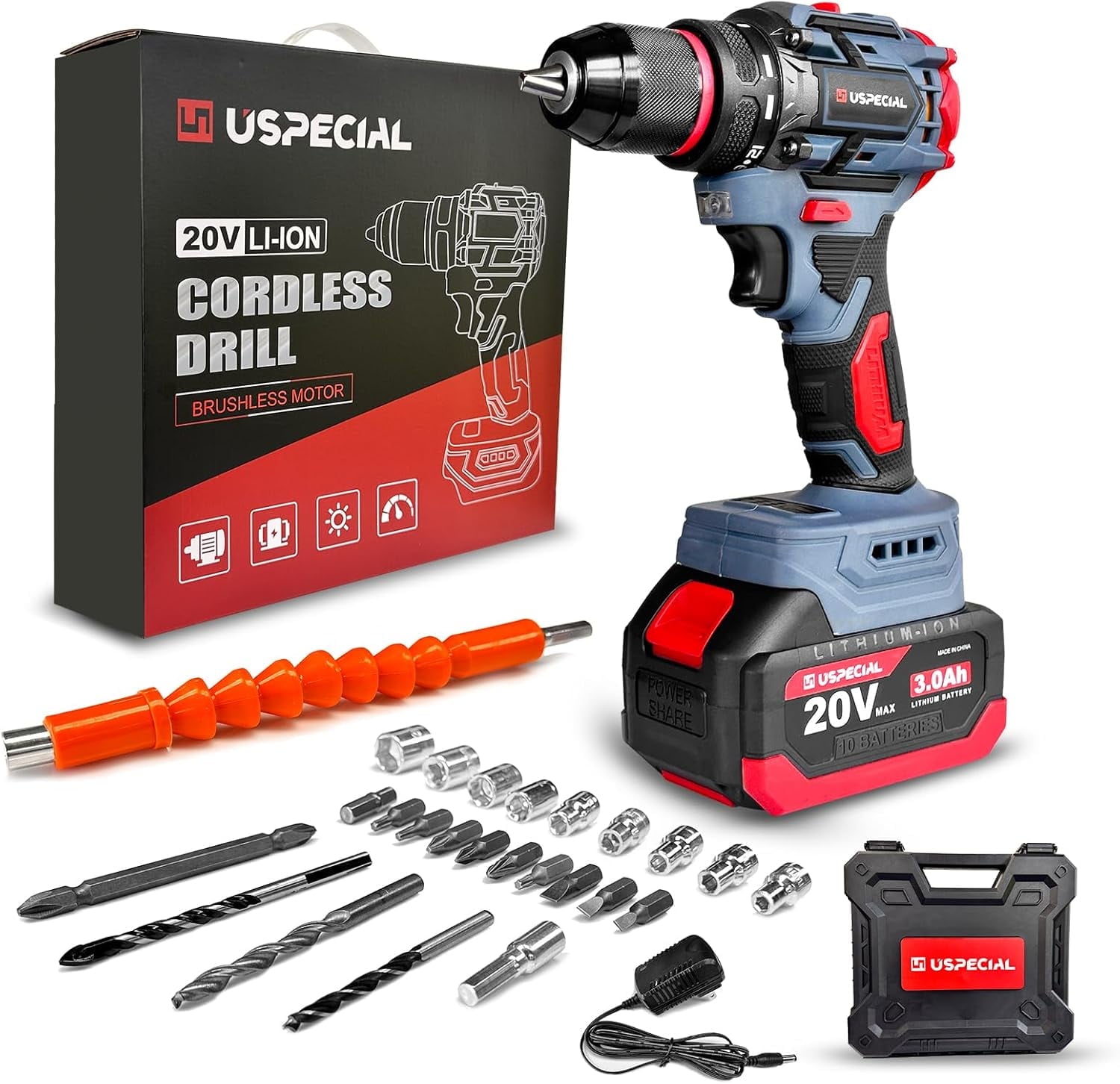 20V Cordless Brushless Power Drill Set, 3/8-Inch Chuck, 443 In-Lbs Torque, 2 Variable Speed