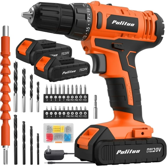 20V Cordless Drill/Driver, 2 Batteries Electric Screwdriver, 30Nm Power Drill Driver, 21+1 Torque, 2 Speed, 3/8"Keyless Chuck, power Drill with LED Light, Drill Driver Kit for Home (Orange)