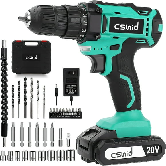 Cshidworld 20V Cordless Drill, Electric Power Drill Set with 1 Battery & Charger, 3/8" Keyless Chuck, 2 Variable Speed & LED Light, 266 In-lb Torque, 25+1 Position and 34pcs Drill/Driver Bits(Green)