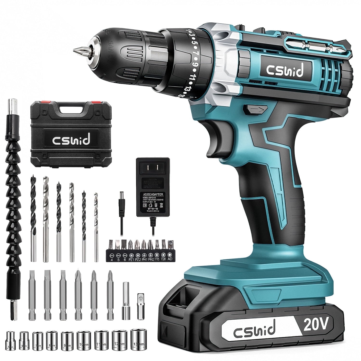 Cshidworld 20V Cordless Drill, Electric Power Drill Set with 1 Battery & Charger, 3/8" Keyless Chuck, 2 Variable Speed & LED Light, 266 In-lb Torque, 25+1 Position and 34pcs Drill/Driver Bits(Blue)