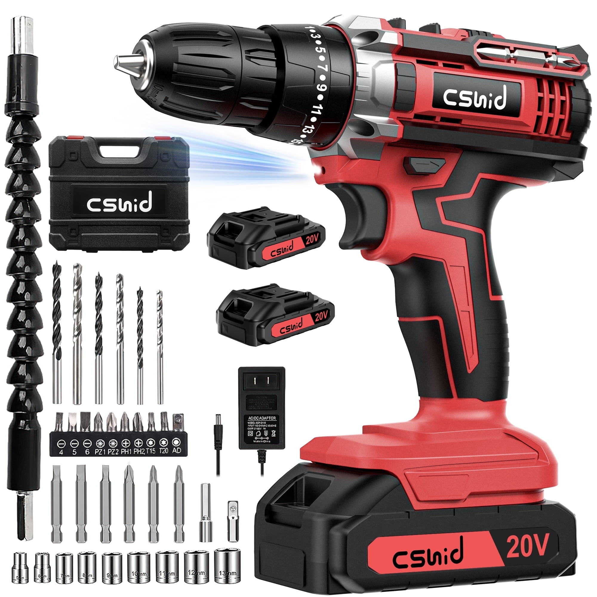 Cshidworld 20V Cordless Drill, Electric Power Drill Set with 2 Battery & Charger, 3/8" Keyless Chuck, 2 Variable Speed & LED Light, 266 In-lb Torque, 25+1 Position and 34pcs Drill/Driver Bits(Red)