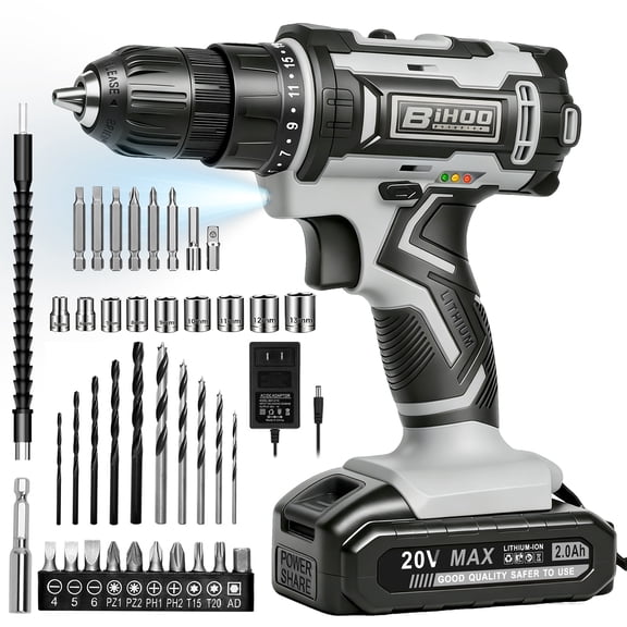 BIHOO 20V Power Drill Set,Electric Drill Cordless with Battery and Charger,3/8-Inch Keyless Chuck, Variable Speed,with Drills Bits Set,Gray ﻿