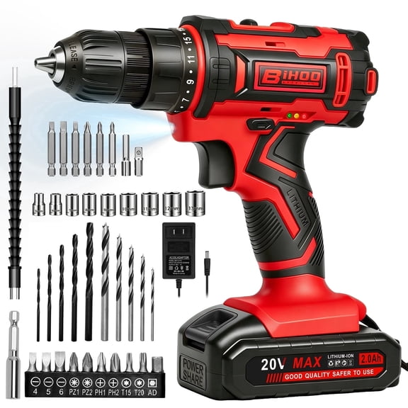 BIHOO 20V Power Drill,Electric Drill Cordless with Battery and Charger,3/8-Inch Keyless Chuck, Variable Speed,with Drills Bits Set,Red