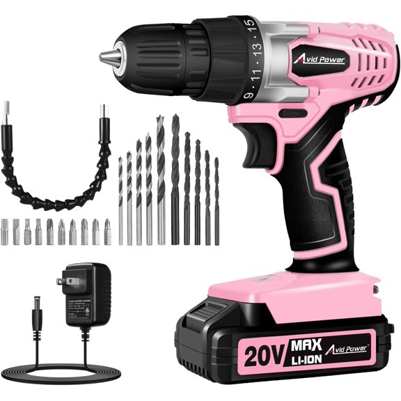 20V Cordless Drill Set for Home DIY & Beginner Projects - Lightweight Power Drill with Battery Charger & 22 Bits, Variable Speed, 3/8" Keyless Chuck, Ideal for Furniture Assembly (Pink)