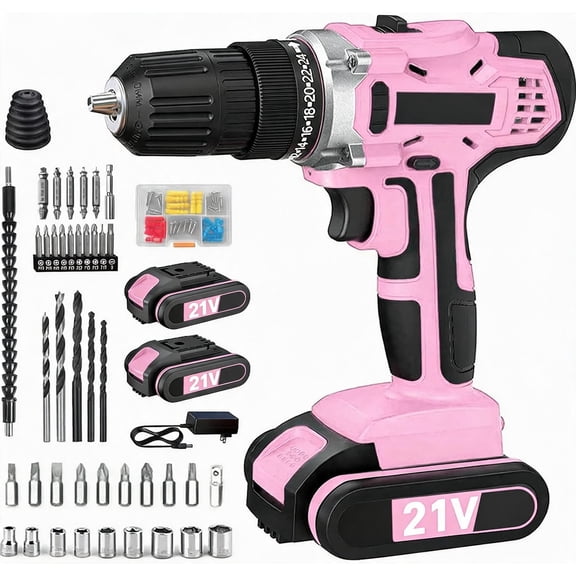 20V Cordless Drill Set with 2 Batteries Charger 30Nm Torque 2-Speed 3 8 Inch Keyless Chuck 24+1 Clutch Settings LED Work Light Pink