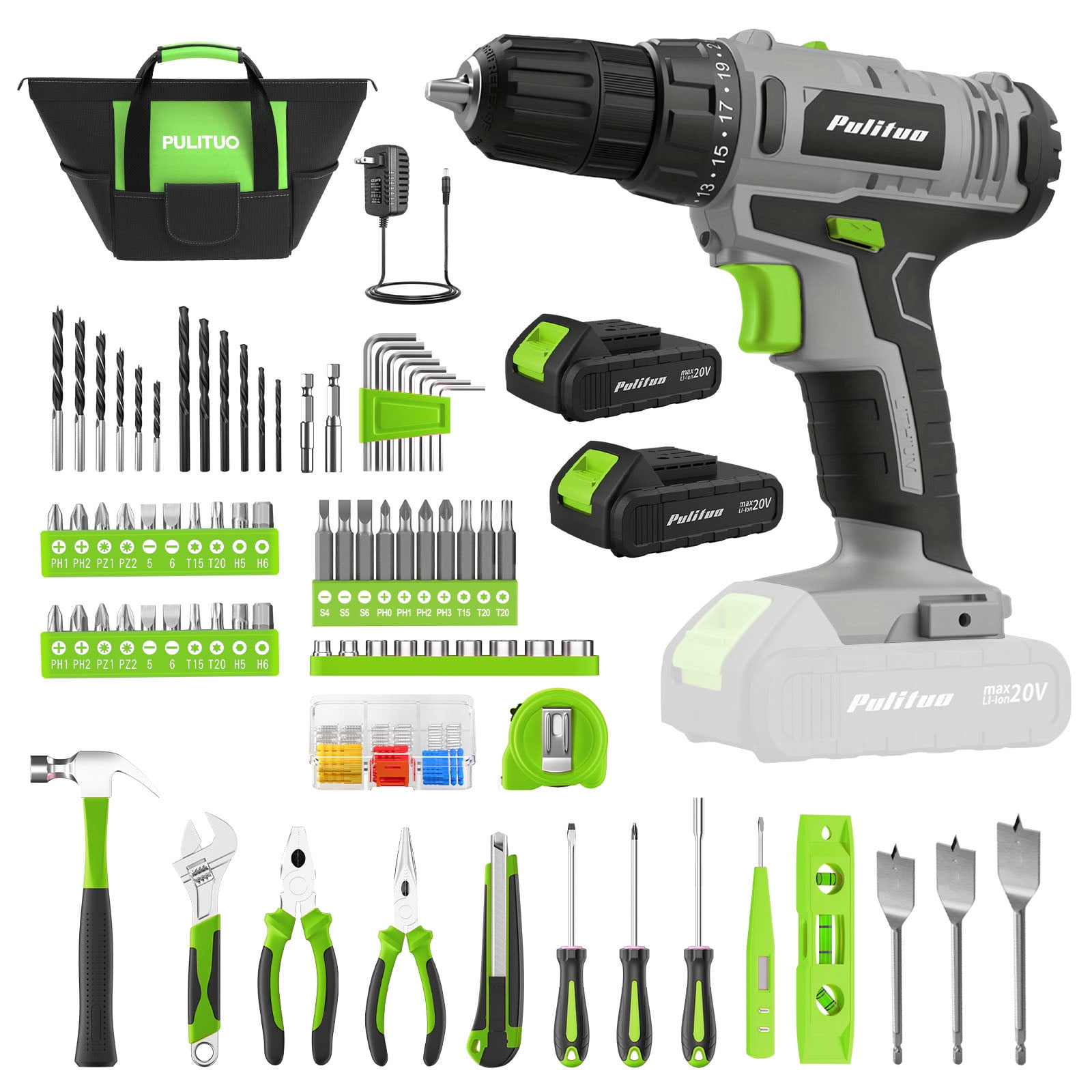 Pulituo 20V Cordless Drill Driver Kit, Home Tool Set with 20V Lithium-Ion Drill, 2pcs Battery, 120PCS All-Purpose Kit, 21+1 Torque, 2-Speed, DIY & Home RepairsGreen