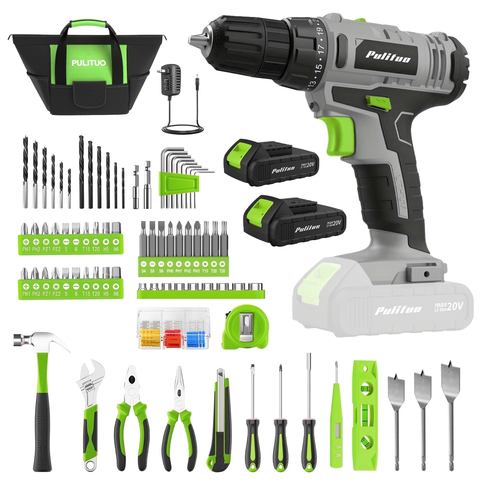 Pulituo 20V Cordless Drill Driver Kit, Home Tool Set with 20V Lithium-Ion Drill, 2pcs Battery, 120PCS All-Purpose Kit, 21+1 Torque, 2-Speed, DIY & Home RepairsG