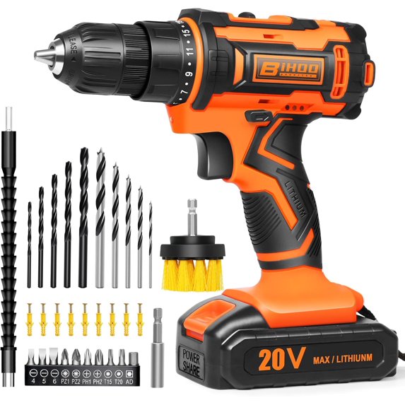 20V Cordless Drill with Battery and Charger,25+1 Torque Setting Drill Driver Set,LED Tools Kit and 43pcs Drill Bits