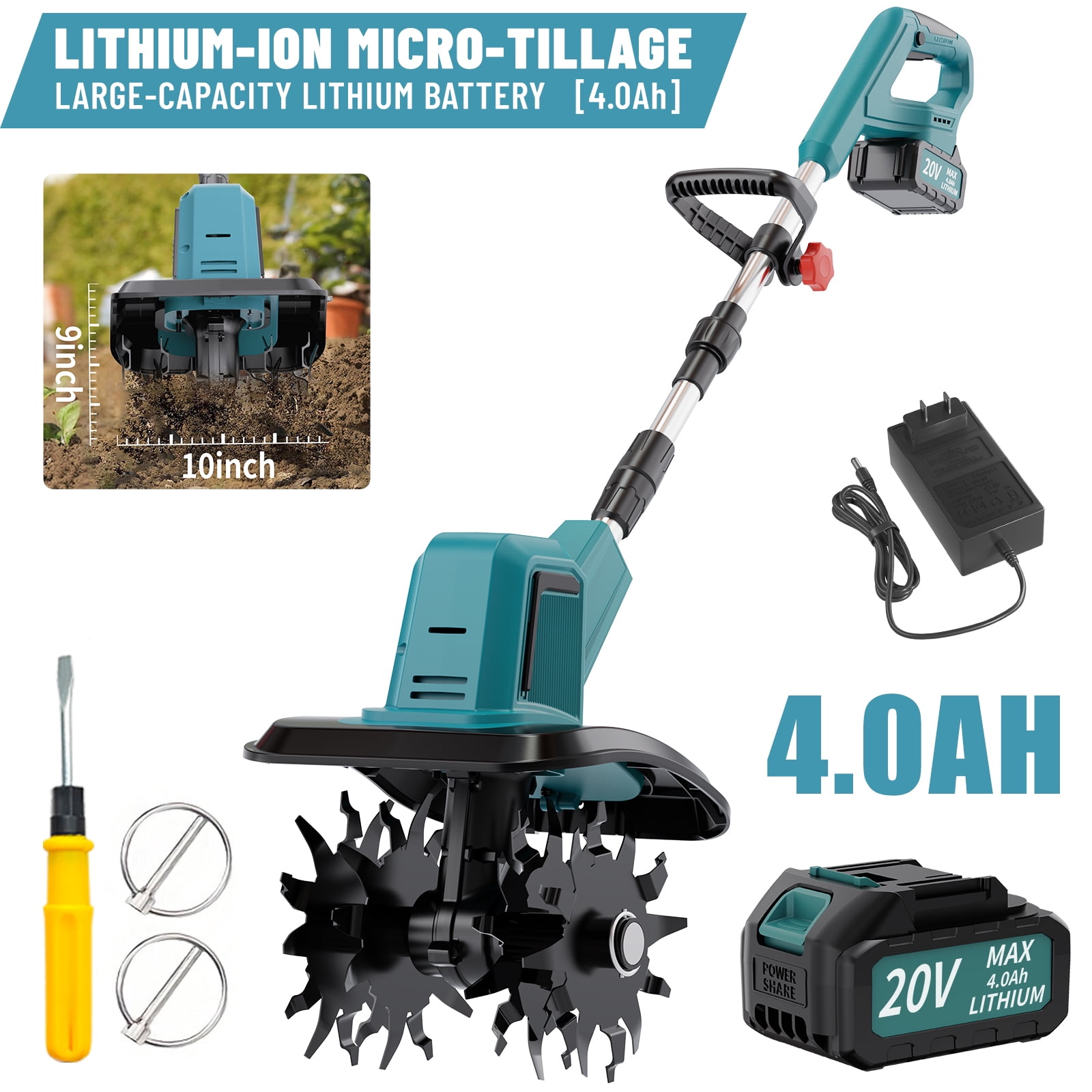 20V Cordless Electric Tiller, 10-inch Garden Cultivator, 360RPM, Lightweight Labor-saving, 4.0Ah Battery & Fast Charger