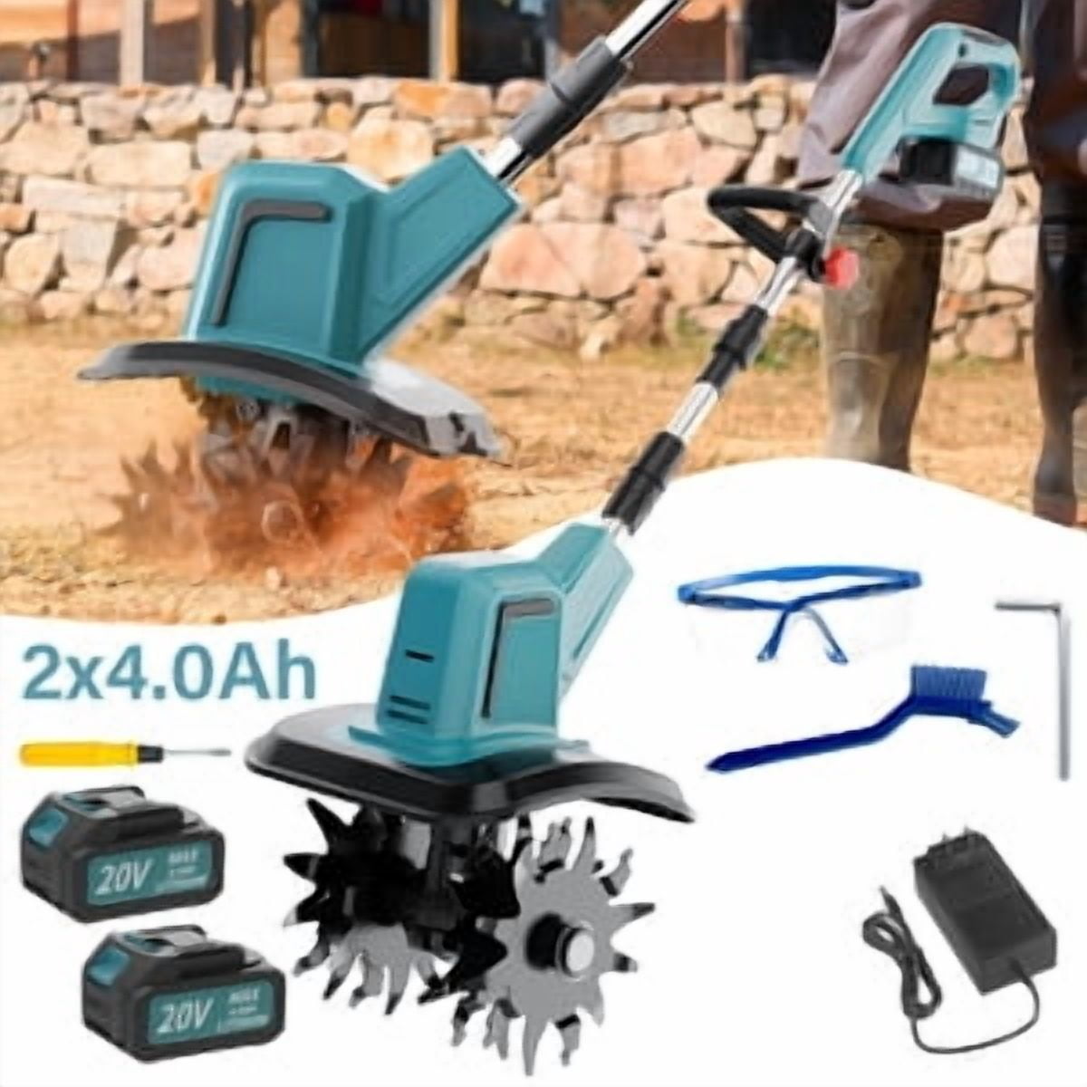 20V Cordless Electric Tiller, 10-inch Garden Cultivator, 360RPM, Lightweight Labor-saving, 4.0Ah Battery & Fast Charger