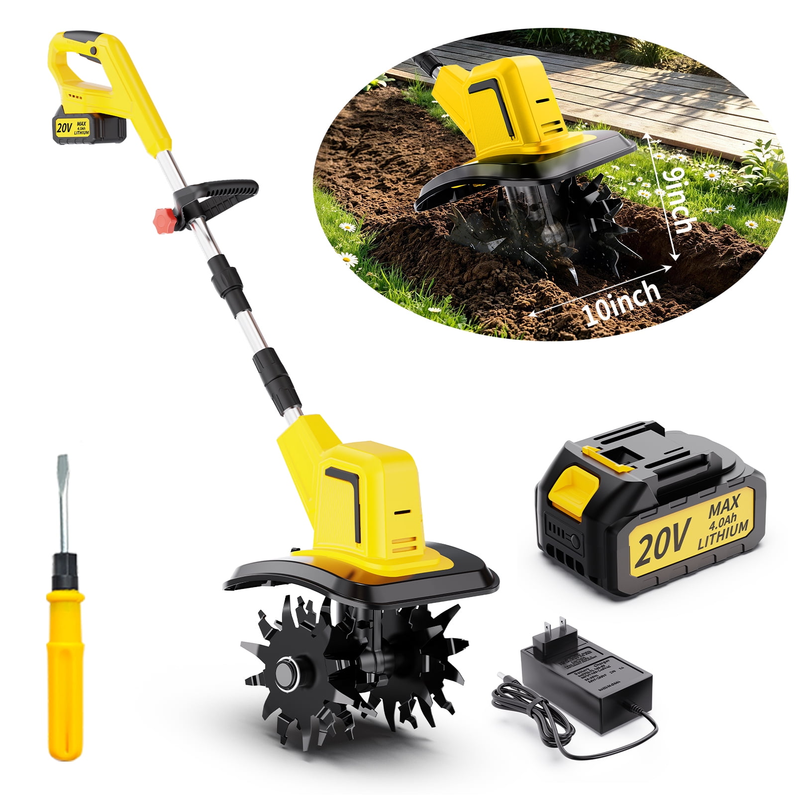 KITESDER 20V Cordless Electric Tiller Cultivator, 9" Cultivator with 360RPM for Lawn, Gardening, Small Gardens