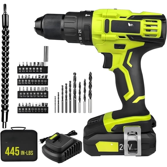 20V Cordless Impact Drill-1/2" Power Drill/Driver Set,445in-lbs Torque ,2 Variable Speeds, 43 count Bits w/case,2.0Ah  &   Included, Power Tools