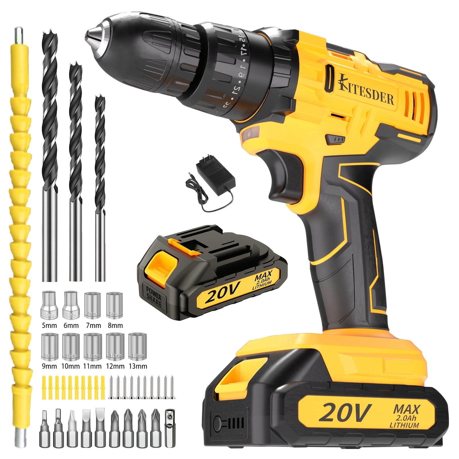 20V Cordless Impact Drill, 45Nm 2-Speed with LED Light, 48/54Pcs Tool Kit, 2×2.0Ah Batteries & Charger, for Home Repair Construction