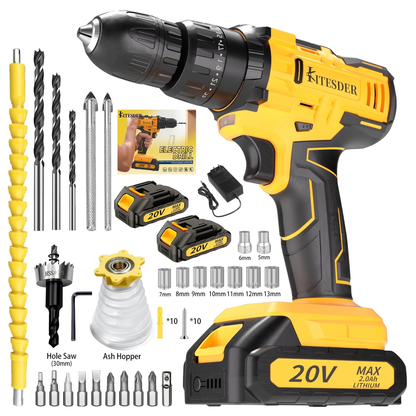 20V Cordless Impact Drill, 45Nm 2-Speed with LED Light, 48/54Pcs Tool Kit, 2×2.0Ah Batteries & Charger, for Home Repair Construction