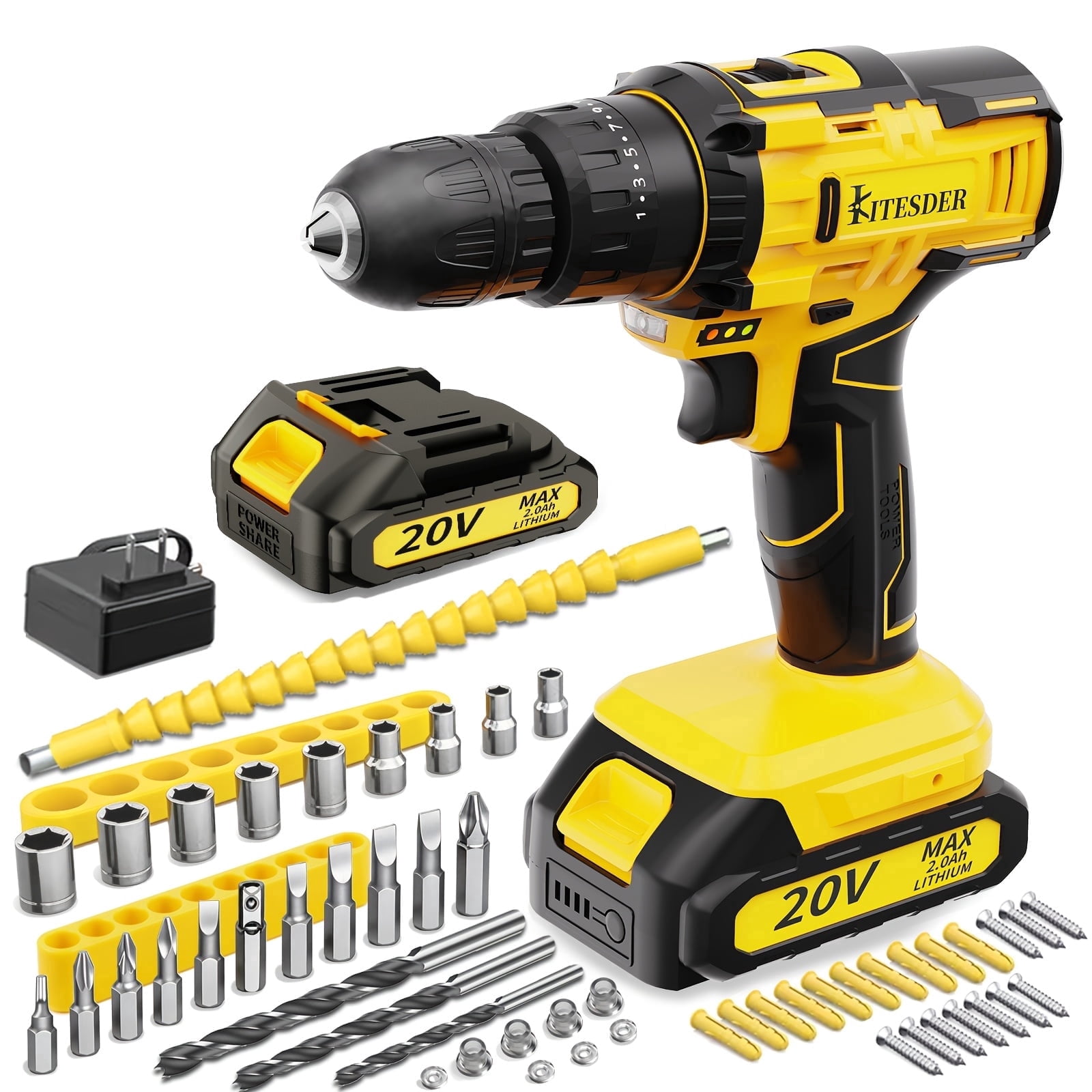 20V Cordless Impact Drill, 45Nm 2-Speed with LED Light, 48/54Pcs Tool Kit, 2×2.0Ah Batteries & Charger, for Home Repair Construction