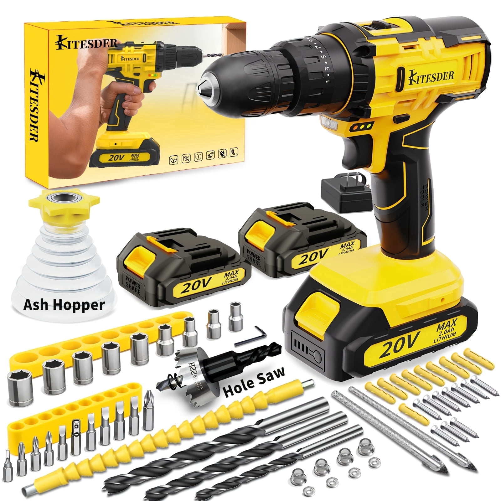 20V Cordless Impact Drill, 45Nm 2-Speed with LED Light, 48/54Pcs Tool Kit, 2×2.0Ah Batteries & Charger, for Home Repair Construction