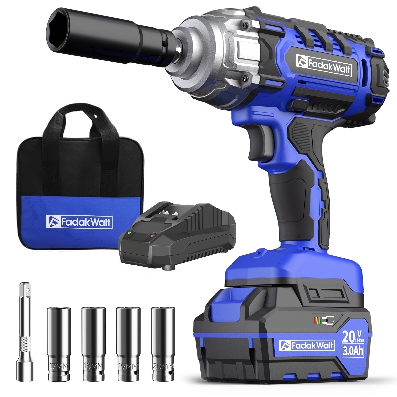 20V Cordless Impact Wrench/Driver, 1/2＂ 400 N·m High Torque 2300 RPM, Brushless with 5 Modes & LED. Kit with 3.0Ah Battery, Fast Charger, 4 Sockets for Automotive and DIY Repair (Blue)