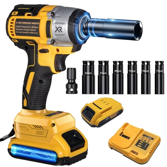 20V Cordless Impact Wrench (for Dewalt/Makita) - 450N.m 3300RPM, 2 Batteries & 12 Sockets Kit, Heavy Duty Tool for Cars/Construction/DIY