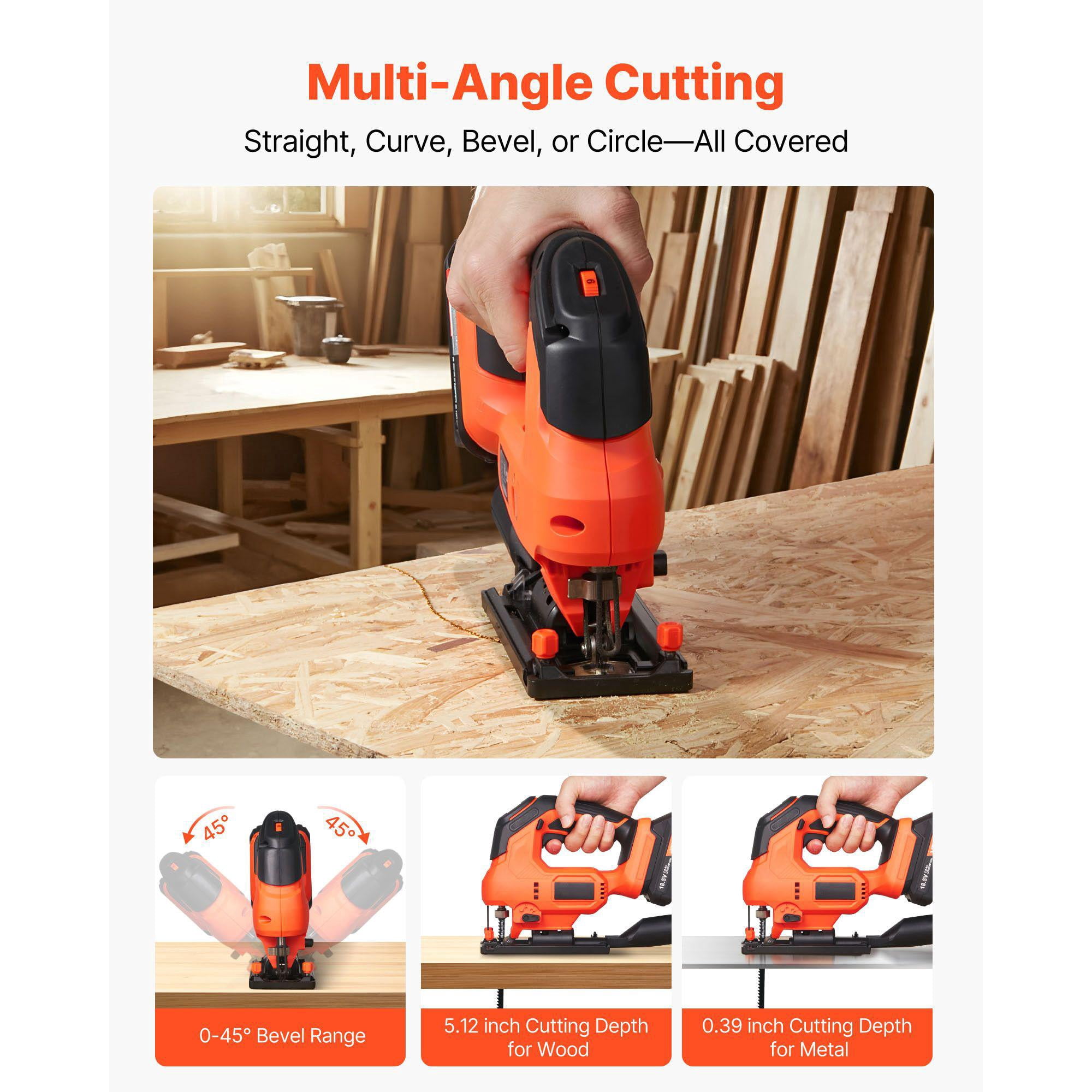 20V Cordless Jig Saw 3000 SPM with Battery Charger LED Light 6 Variable Speed 0-45 Degree Bevel Cuts 6 Blades 4 Orbital Settings for Wood Metal Cutting