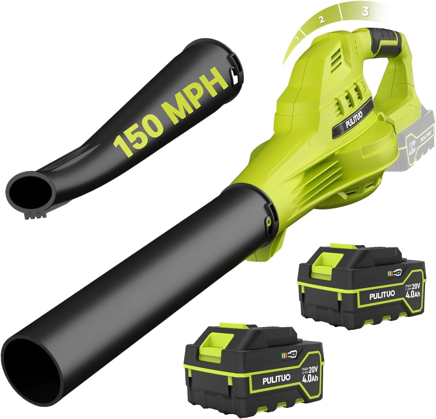 Pulituo 20V Cordless Leaf Blower, 2×4.0Ah Batteries & Charger, 150MPH, 3 Speeds, Long Runtime, Lightweight Yard Blower for Large Yards