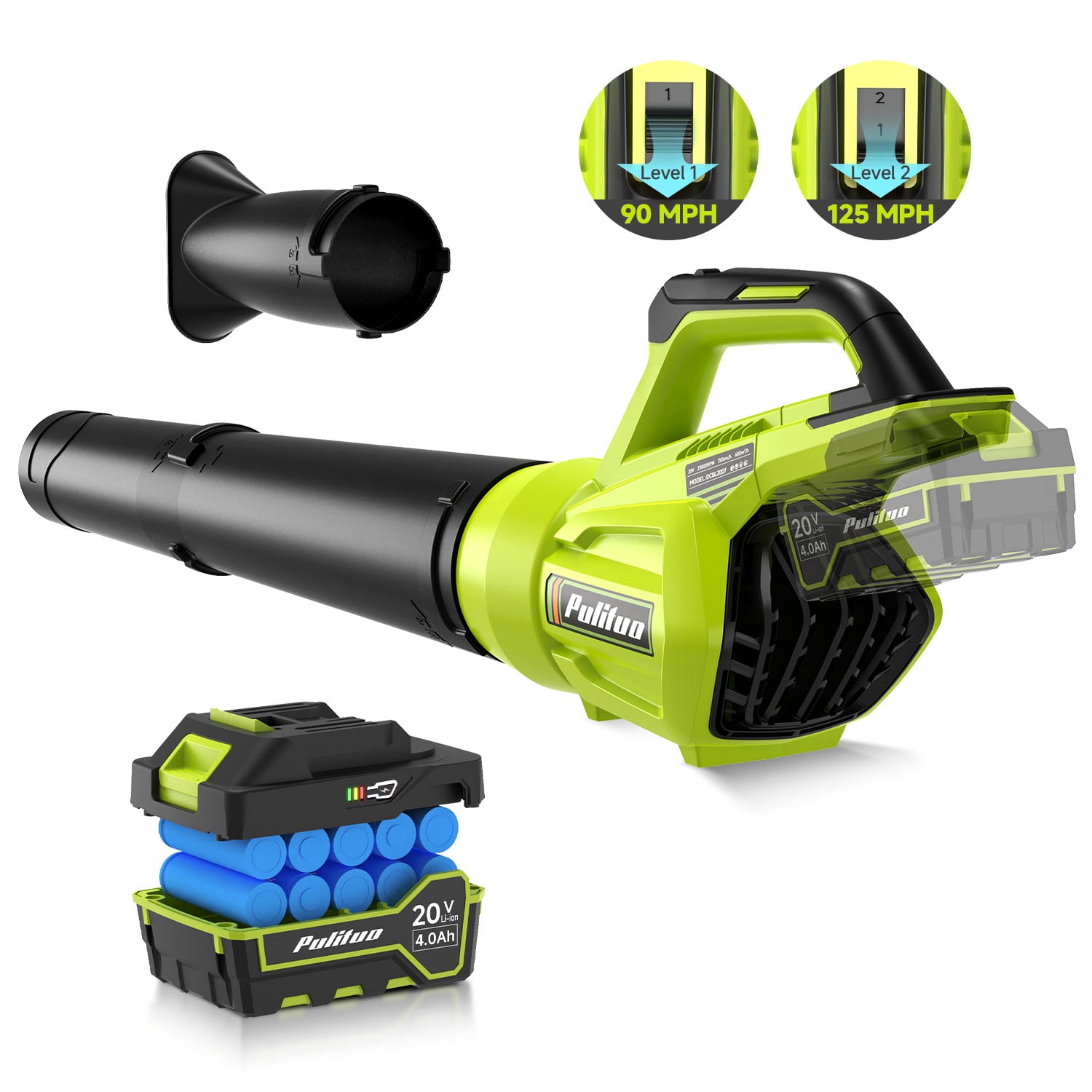 PULITUO Cordless Leaf Blower 500CFM 125MPH, High Power Axial Fan, 4.0Ah Batteries & Fast Charger, Lightweight Variable Speed Battery Blower for Lawn Care, Yard, Patio, Leaves
