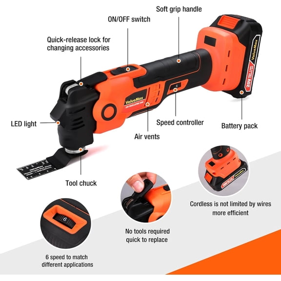 20V Cordless Oscillating Tool with Battery, 3.6 Oscillation Angle Oscillating Saw, 6 Variable Speed Oscillating Multi Tool with Quick-Lock Change System, 16PCS Multitool Blades & Carrying Bag