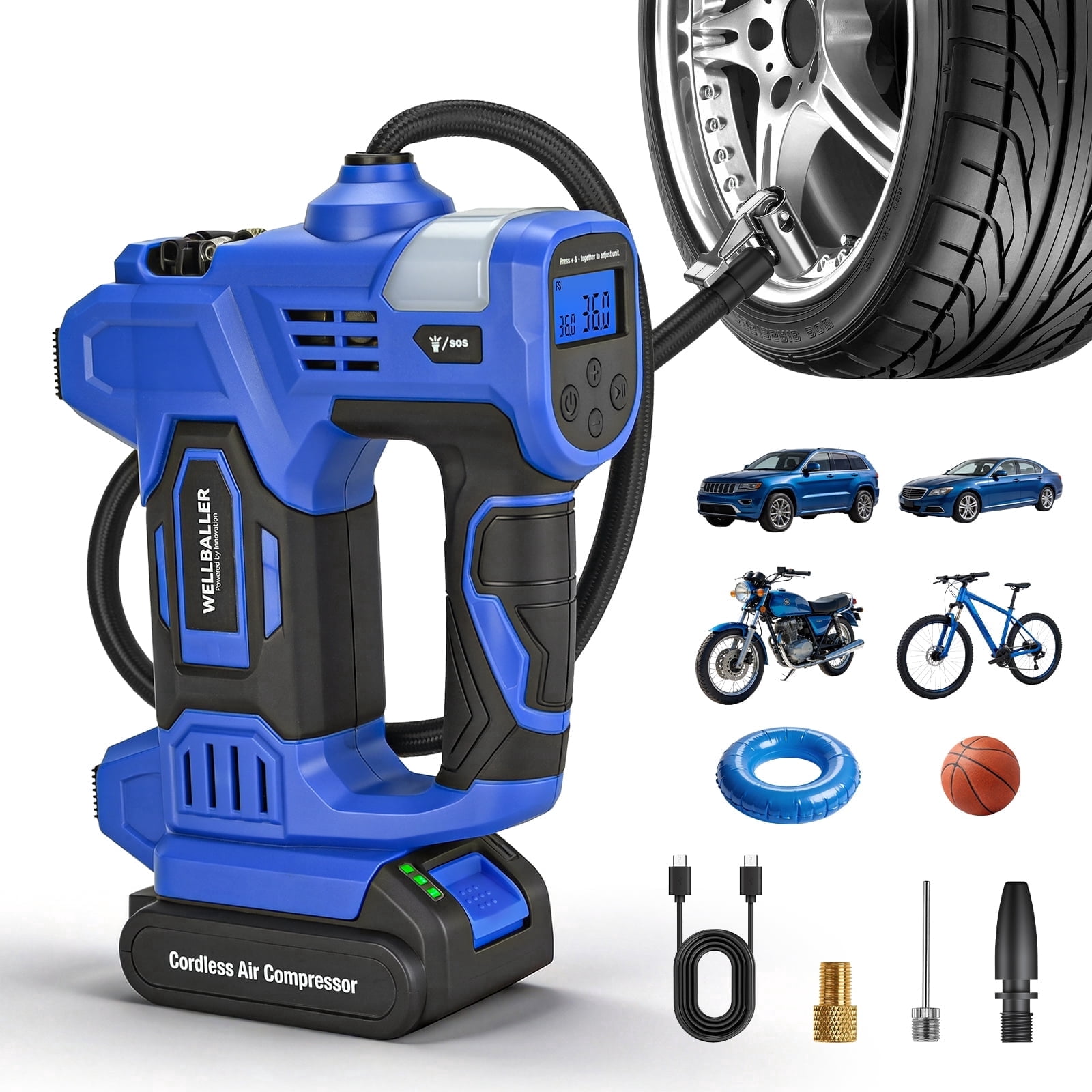 20V Cordless Portable Tire Inflator, 150PSI, 25mm Metal Cylinder with LCD Display & LED Light