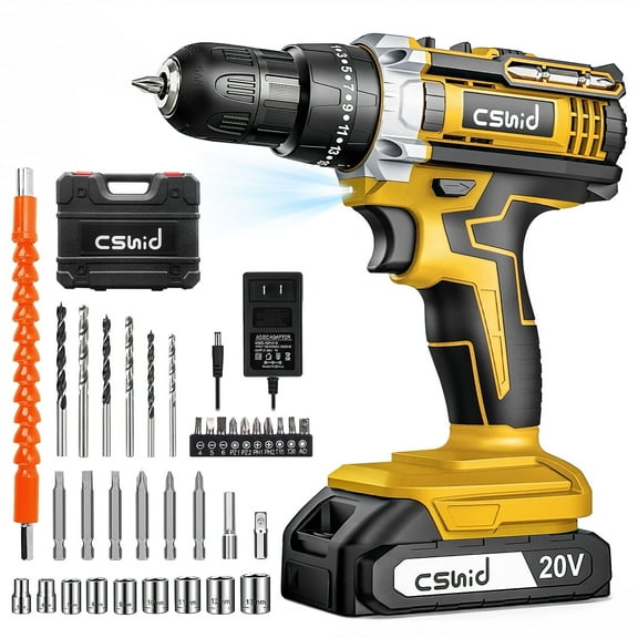 Cshidworld 20V Cordless Power Drill Set, Drill Kit with 1 Lithium-Ion & Charger, 3/8" Keyless Chuck, Electric Drill W/ 2 Variable Speed & LED Light, 25+1 Position and 34pcs Drill/Driver Bits(Yellow)