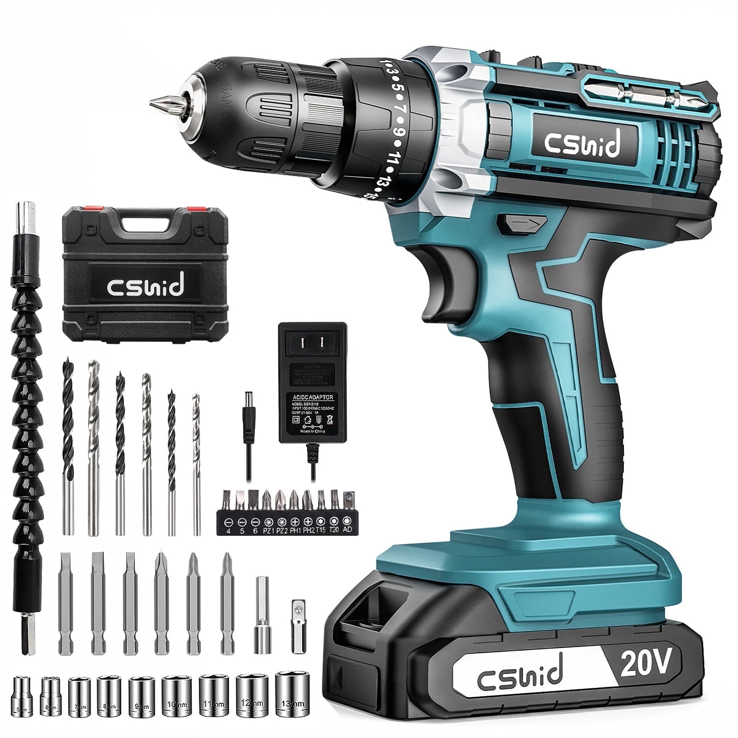 Cshidworld 20V Cordless Power Drill Set, Drill Kit with 1 Lithium-Ion & Charger, 3/8" Keyless Chuck, Electric Drill W/ 2 Variable Speed & LED Light, 25+1 Position and 34pcs Drill/Driver Bits(Blue)