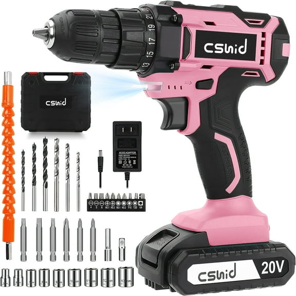 Cshidworld 20V Cordless Power Drill Set, Drill Kit with 1 Lithium-Ion & Charger, 3/8" Keyless Chuck, Electric Drill W/ 2 Variable Speed & LED Light, 25+1 Position and 34pcs Drill/Driver Bits(Pink)